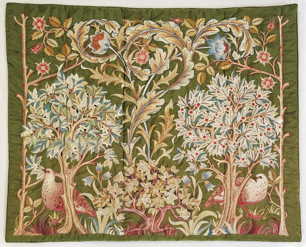 attributed to Mary Isobel Barr Smith (1863–1941)
attributed to May Morris (1862–1938)
Morris & Company (1861–1940, London 
hanging, Adelaide, 1890s
silk embroidery on silk | 169 x 133 cm
collection of the Art Gallery of South Australia, 997A39, Mrs Mary Overton Gift Fund 1999