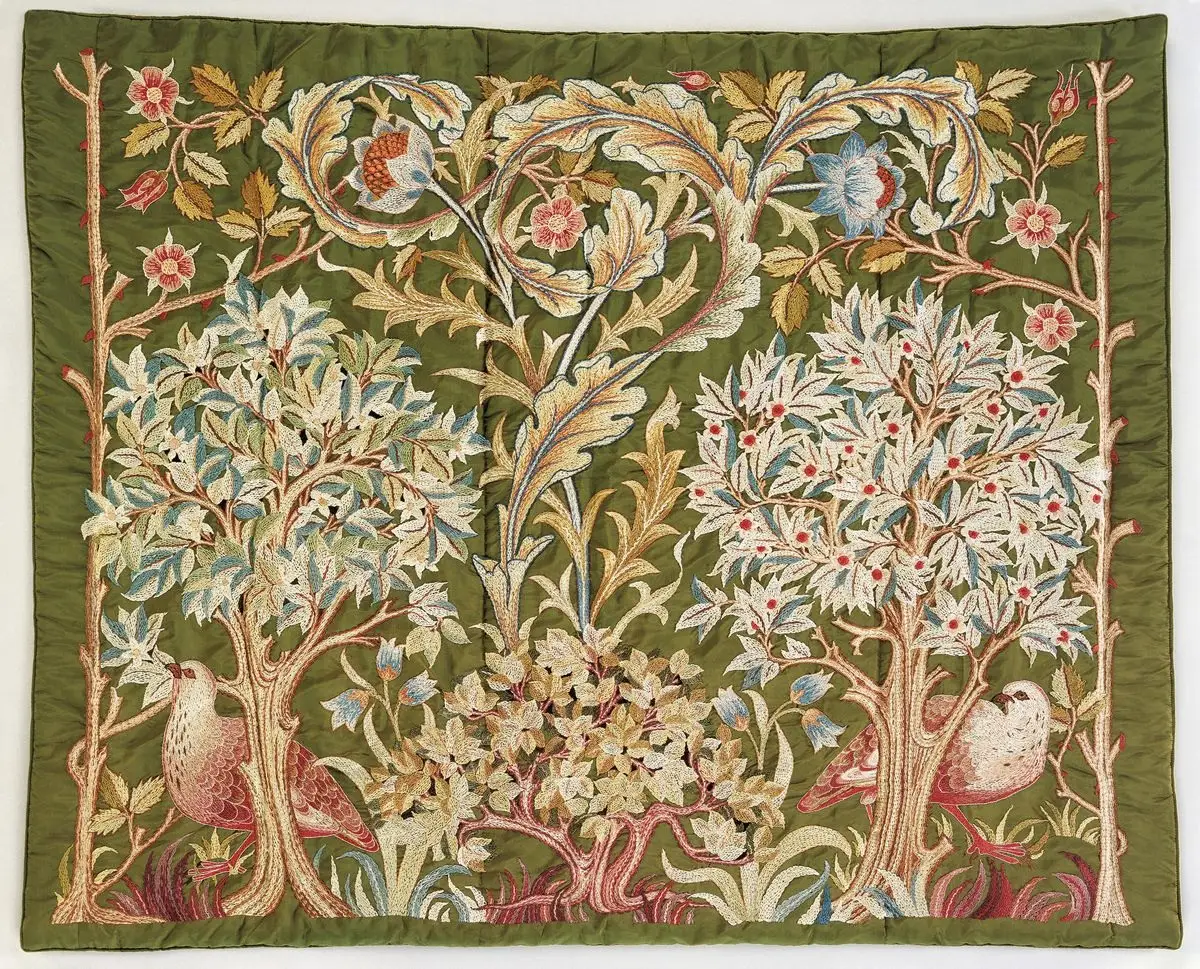 attributed to Mary Isobel Barr Smith (1863–1941)
attributed to May Morris (1862–1938)
Morris & Company (1861–1940, London 
hanging, Adelaide, 1890s
silk embroidery on silk | 169 x 133 cm
collection of the Art Gallery of South Australia, 997A39, Mrs Mary Overton Gift Fund 1999