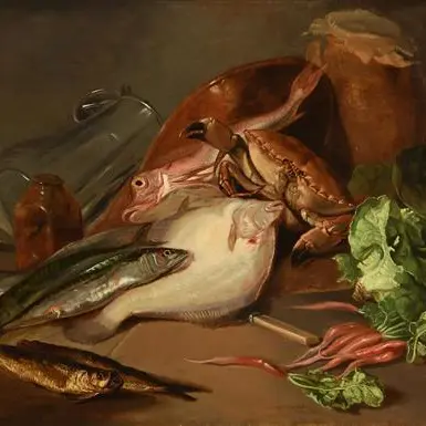 Daniel_MacDonald_-_Still_Life_with_Crab,_Fish_and_Vegetables_(1843)_oil_on_canvas_signed_lower_right_and_dated_1843_h_71