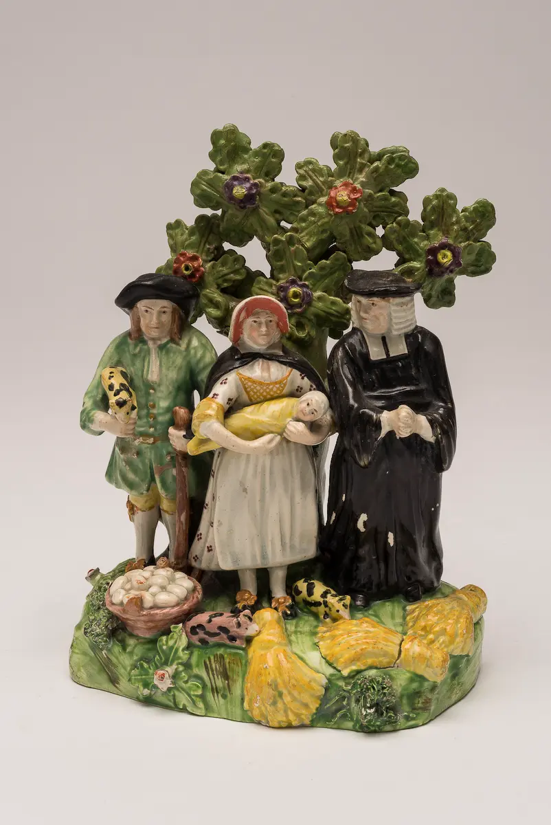 derived from an engraving by Johann Sebastian Müller also known as John Miller (German, 1715–circa 1792) and Louis Philippe Boitard (French/English, 1733-1767), dated 1751 Staffordshire potteries group figure group (The Tithe Pig), England, circa 1830-35 The Johnston Collection (A1200-1999, purchase)