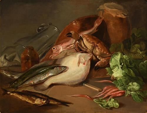 Daniel_MacDonald_-_Still_Life_with_Crab,_Fish_and_Vegetables_(1843)_oil_on_canvas_signed_lower_right_and_dated_1843_h_71