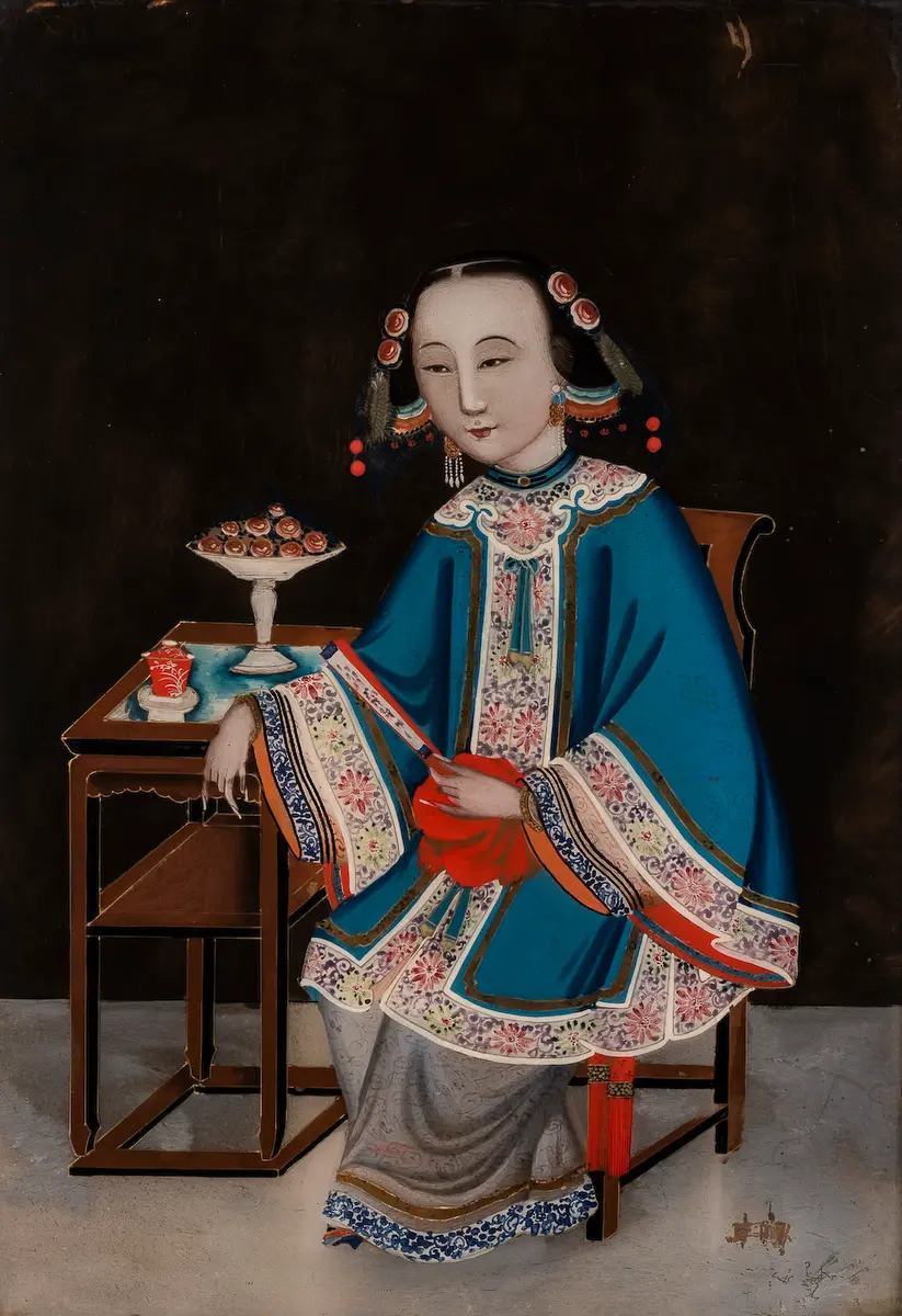 Canton (Guangzhou) school, China untitled (seated female figure in ceremonial dress), China, circa 1820 reverse painted pigment on English glass; original Chinese carved gilt wood frame | image:  The Johnston Collection (A0968-1989, Foundation Collection) © Robert Colvin & The Johnston Collection, Australia