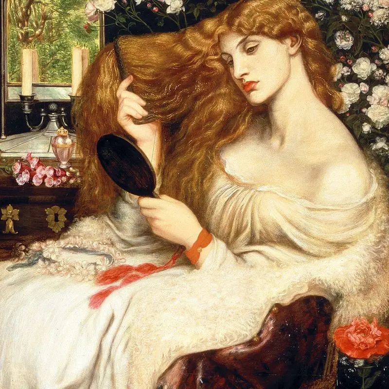 Dante Gabriel Rossetti (English, 12 May 1828– 9 April 1882)
Lady Lilith, 1866-1868 (altered 1872-1873)
oil on canvas | 965 × 851 mm (38.0 in × 33.5 in)
Samuel and Mary R. Bancroft Memorial, 1935
collection of Delaware Art Museum, 1935-29, Wilmington, Delaware
