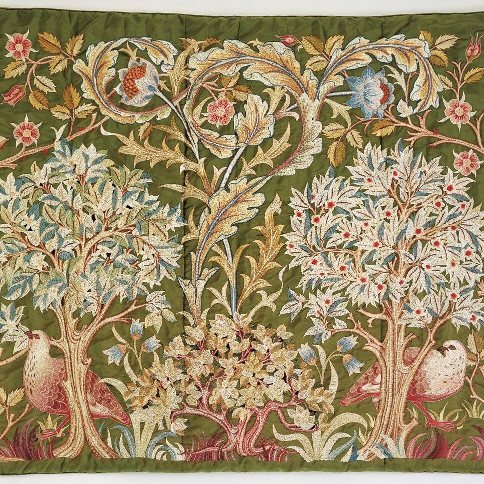 attributed to Mary Isobel Barr Smith (1863–1941)
attributed to May Morris (1862–1938)
Morris & Company (1861–1940, London 
hanging, Adelaide, 1890s
silk embroidery on silk | 169 x 133 cm
collection of the Art Gallery of South Australia, 997A39, Mrs Mary Overton Gift Fund 1999
