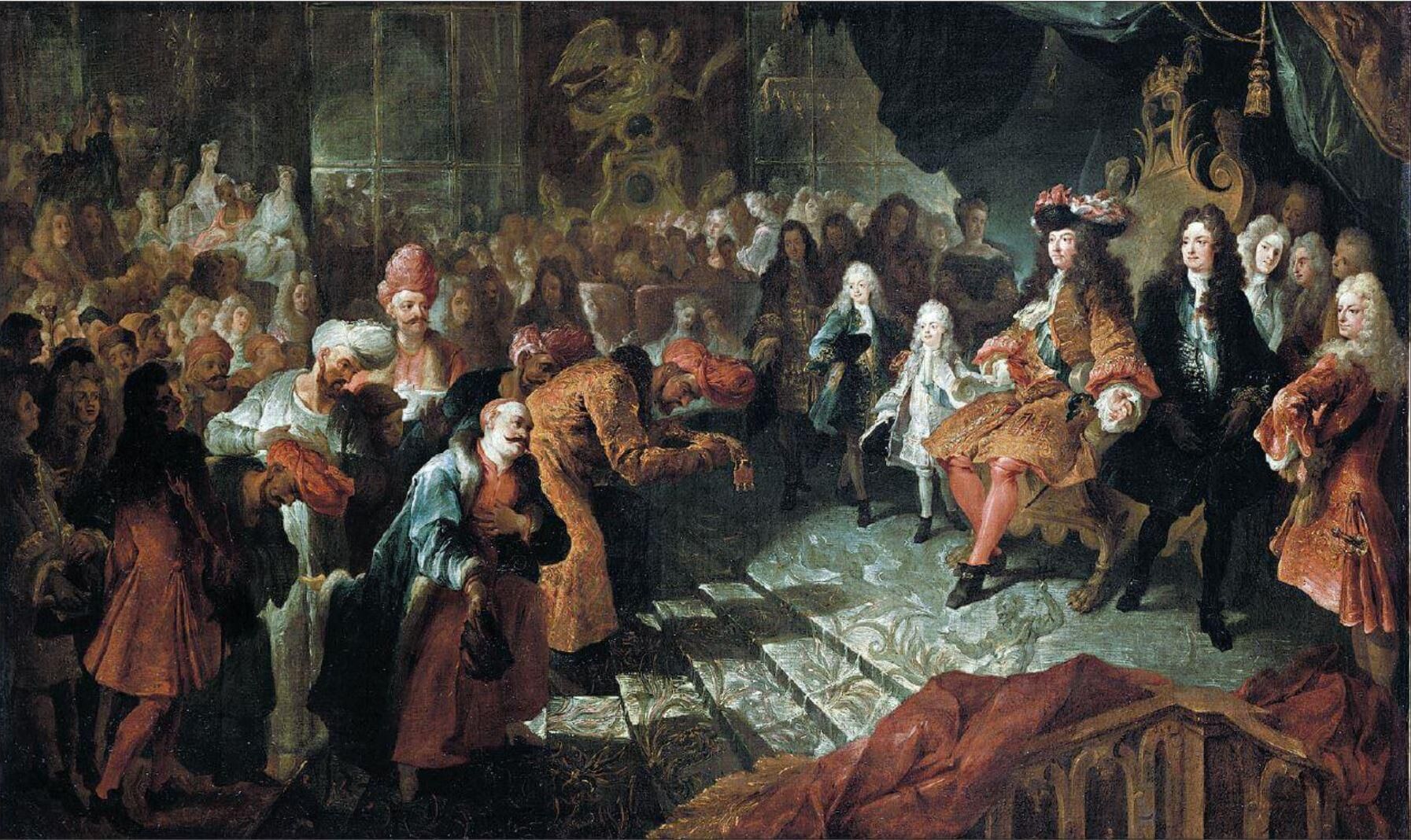 reçoit dans la Galerie des Glaces de Versailles
