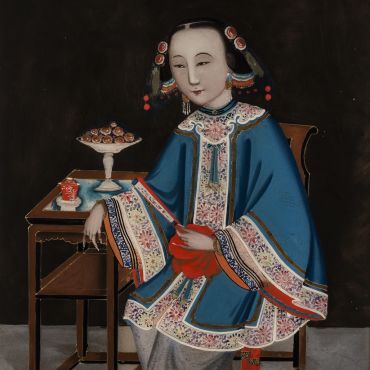 Canton (Guangzhou) school, China untitled (seated female figure in ceremonial dress), China, circa 1820 reverse painted pigment on English glass; original Chinese carved gilt wood frame | image:  The Johnston Collection (A0968-1989, Foundation Collection) © Robert Colvin & The Johnston Collection, Australia