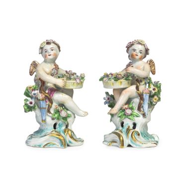 A1392-2017 mossgreen Lot 88 pair of Cheslea figures of cherubs